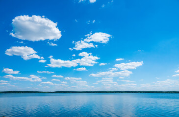 Blue lake with cloudy sky, natural background