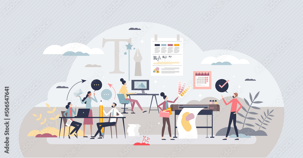 Wall mural Advertising agency and company brand style development tiny person concept. Business image creation with logo, banners, ads and commercial strategy planning vector illustration. Professional work.