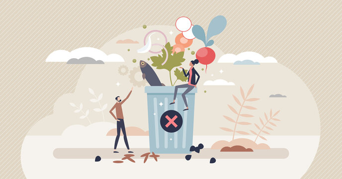 Save earth and throw away less food to avoid garbage tiny person concept. Zero waste for sustainable and environmental consumerism problem solution vector illustration. Reduce eating leftovers junk.