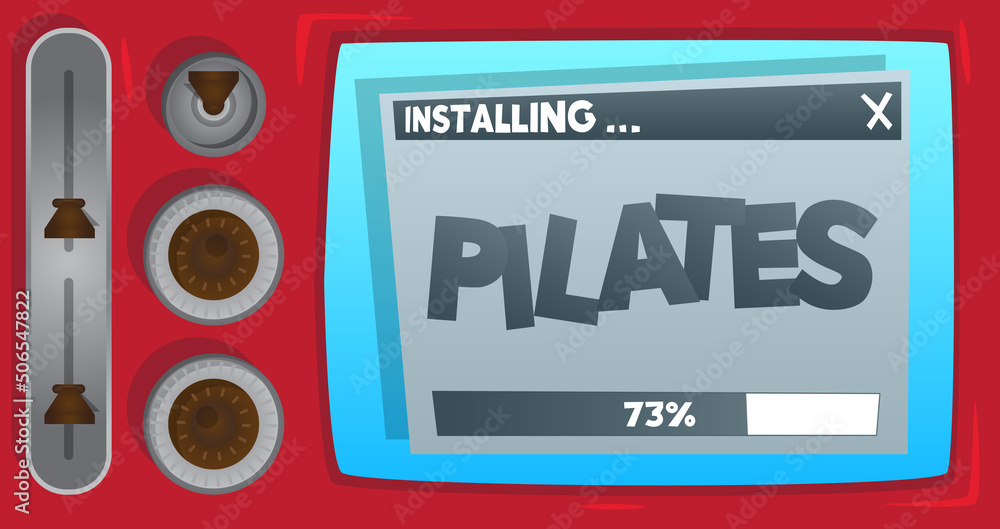 Poster Cartoon Computer With the word Pilates. Message of a screen displaying an installation window.