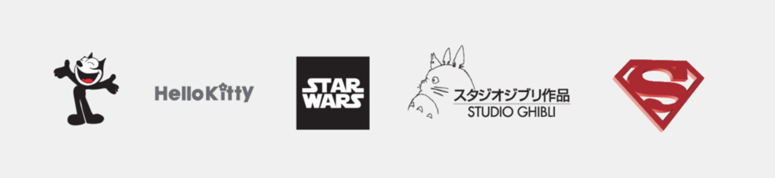Arts and design logo bundle: Superman logo, Hello Kitty logo, Felix logo, Studio Ghibli logo, Star Wars logo, Arts and design logo vector illustration. Isolated vector logo.