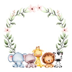 Watercolor Illustration Cute Baby Animal Frame template  © Stella