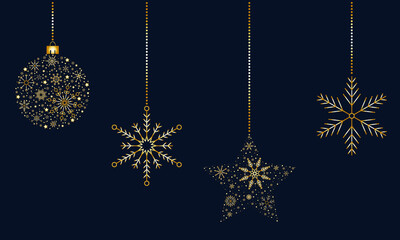 Fototapeta na wymiar Christmas ornaments of gold color from snowflakes on a blue background 