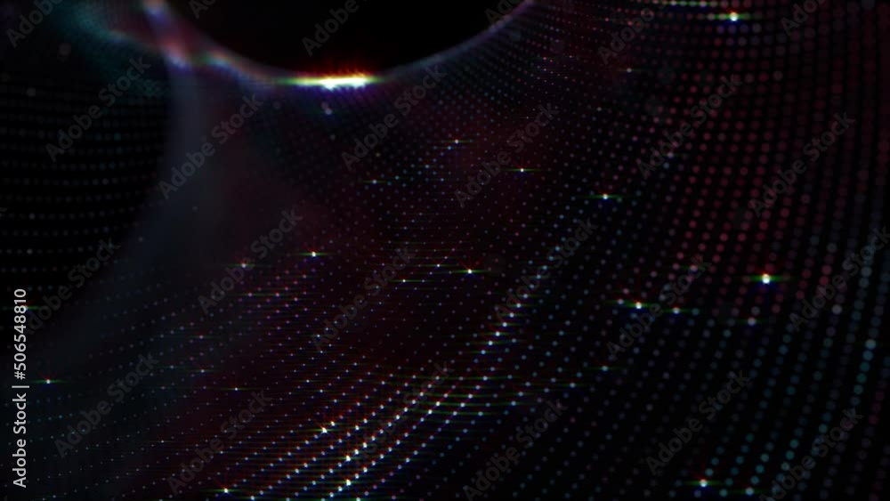 Poster abstract 3d render technology digital dark glow dots particles wave background. 4k seamless loop mot