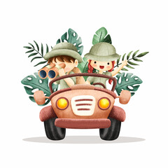Watercolor safari Kids in Safari Jeep  © Stella