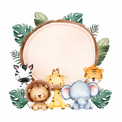 Watercolor Illustration Cute Baby Animal Frame template  © Stella