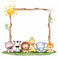 Watercolor Illustration Cute Baby Animal Frame template  © Stella