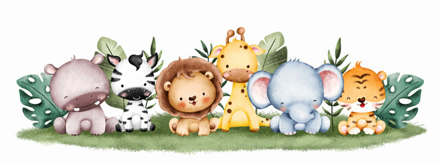 Fototapeta premium Watercolor Illustration Baby Safari Animal banner background 