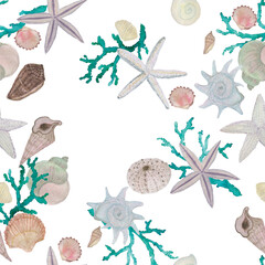 Watercolor painting seamless pattern with seashells, corals, starfish. Summer sea wallpaper - 506550218