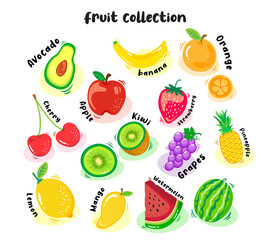 Set of colorful cartoon fruit icons. orange, kiwi, banana, apple, pineapple, cherry, strawberry, mango, watermalon, grapes, avocado and lemon.