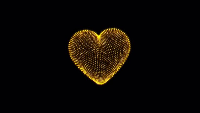 Abstract animation star heart of golden flicker glitter wire mesh rotating on black background.4K 3D seamless loop for Romantic background, St. Valentines Day, Mother's day. 