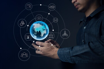 Businessman using smart phone to do online transactions with internet technology, concept of global data connection by internet technology, big data, searching for information, online marketing
