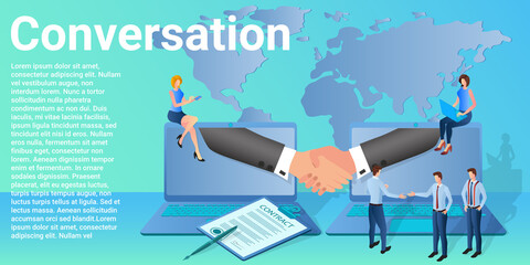 Conversation.People on the background of the globe conduct business negotiations and conclude deals in a business style.Flat vector illustration.
