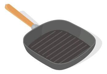 Grill pan.Metal grill pan with handle.Kitchen appliance for cooking.Vector illustration.