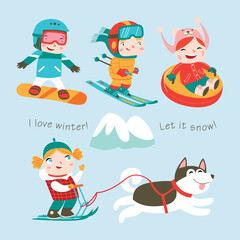 Winter holidays. Vector set. Cute kids are playing winter games and doing extreme sport.