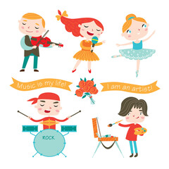 Children studying arts . Vector collection isolated on a white background.