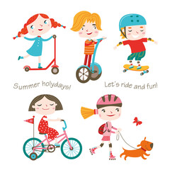 Summer child's outdoor activities. Happy childhood. Vector set on a white background. Boys and girls skating and ride kick scooter and bike.