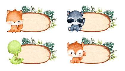 Set of wooden board with leaves and baby animals © Stella