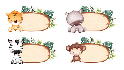 Set of wooden board with leaves and baby animals © Stella