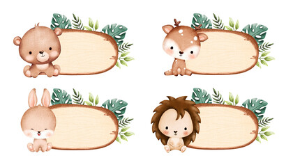 Set of wooden board with leaves and baby animals - obrazy, fototapety, plakaty