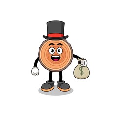 wood trunk mascot illustration rich man holding a money sack