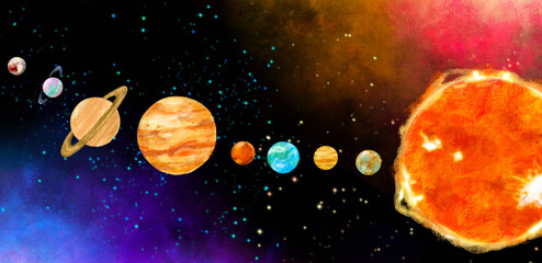 Fototapeta premium Space universe planet floating in starry andomedra solar system hand drawn illustration