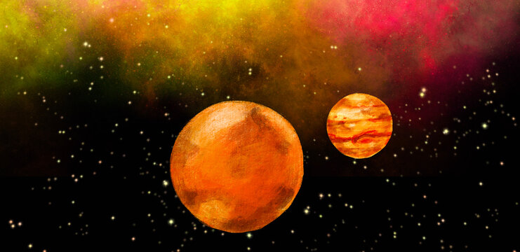 Space universe planet floating in starry andomedra solar system hand drawn illustration © glowonconcept