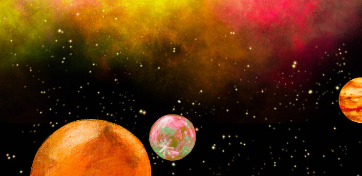 Space universe planet floating in starry andomedra solar system hand drawn illustration © glowonconcept