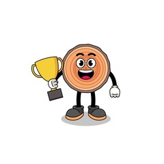 Cartoon mascot of wood trunk holding a trophy