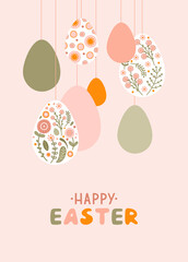 Poster template with silhouette Easter eggs and flowers in gentle pastel colors. Illustration holiday easter eggs in flat style with lettering Happy Easter. Vector