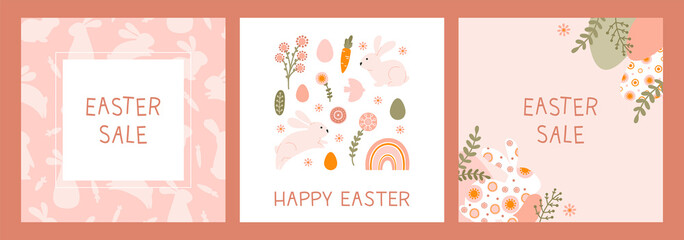 Set sale template with a silhouette holiday Easter eggs, rabbit and flowers in flat style. Illustration easter bunny and eggs in pastel colors and space for your text. Vector
