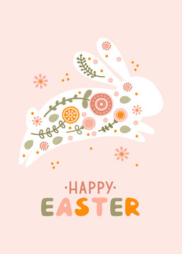 Postcard with silhouette Easter rabbit and flowers in gentle pastel colors. Illustration holiday easter bunny in flat style with lettering Happy Easter. Vector