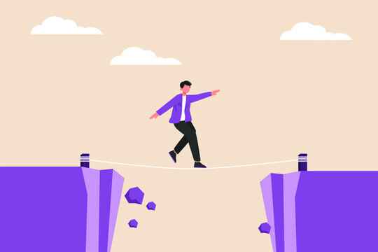 Businessman standing and walking a tightrope over the abyss. Risk Management. Flat vector illustration isolated.