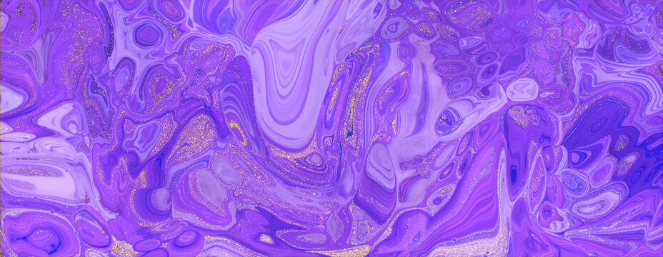 Luxurious Design Banner. Liquid Swirls in Beautiful Purple and Blue colors, with Gold Powder.
