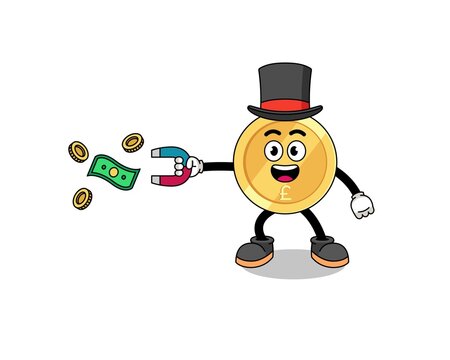 Character Illustration Of Pound Sterling Catching Money With A Magnet