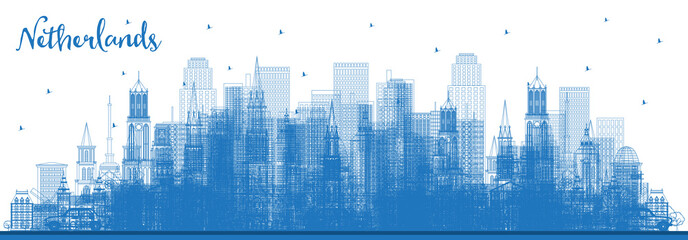 Outline Netherlands Skyline with Blue Buildings. Vector Illustration.