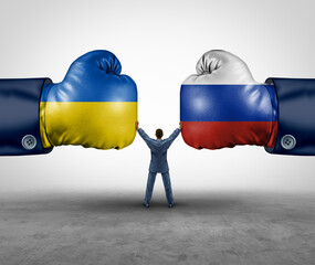 Russia and Ukraine mediation between the Ukrainian and Russian nation as a European security concept due to political dispute and finding a diplomatic agreement in a 3D illustration style. - obrazy, fototapety, plakaty