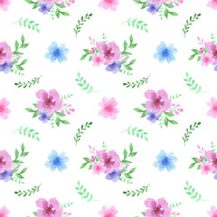 Pink, blue and purple watercolor flowers seamless pattern. Floral Bouquet, print, flower compositions. Wildflowers. Elegant floral elements in pastel color. Cute pastel plants background