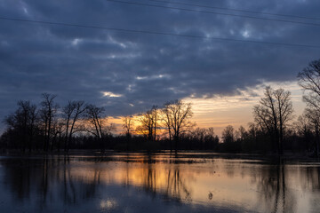 Fototapeta premium Dramatic evening landscape. The sunset sky is reflected in the water. Silhouettes of fabulous trees at sunset. The river overflowed its banks.