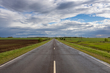 Highway through the field. Rural landscape with an asphalt road going beyond the horizon. Power poles along the highway.