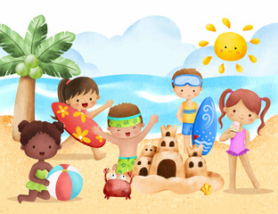 Summer kids playing in the beach