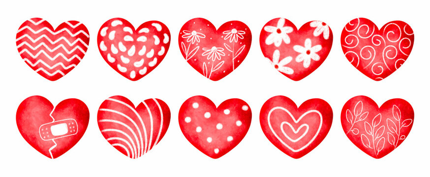 Set of hand drawn decorative red heart 