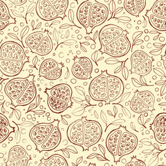 Vector pomegranates with leaves and seeds on a neutral background. Seamless pattern in brown and coffee tones. Fruit and botanical illustrations for print, textile and packaging design.