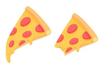 Piece of pizza with salami. Pepperoni pizza. Isolated slice of pizza on a white background. Vector illustration. A whole and bitten burger.
