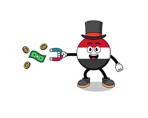 Character Illustration of yemen flag catching money with a magnet