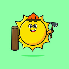Cute cartoon sun as carpenter character with ax and wood in 3d modern style design