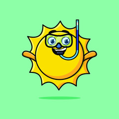 Cute cartoon sun diver with swimming glass in 3d modern style design