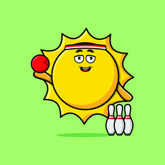 Cute cartoon sun character playing bowling in 3d modern style design