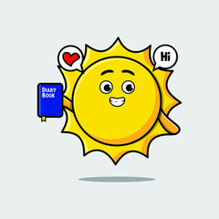 Cute cartoon sun character holding diary book with happy expression in concept 3d cartoon style