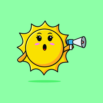 Cute Cartoon sun character speak with megaphone in 3d cartoon style concept